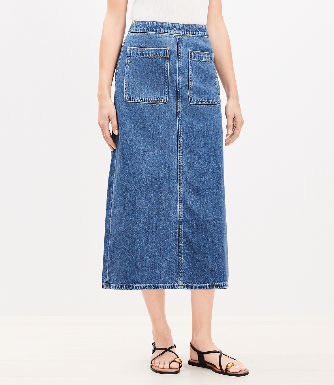 Denim Patch Pocket Midi Skirt in Classic Mid Wash
