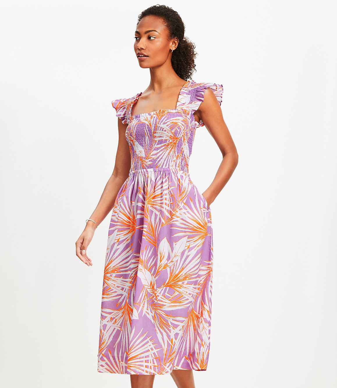 Petite LOFT Beach Island Frond Smocked Ruffle Strap Midi Pocket Dress