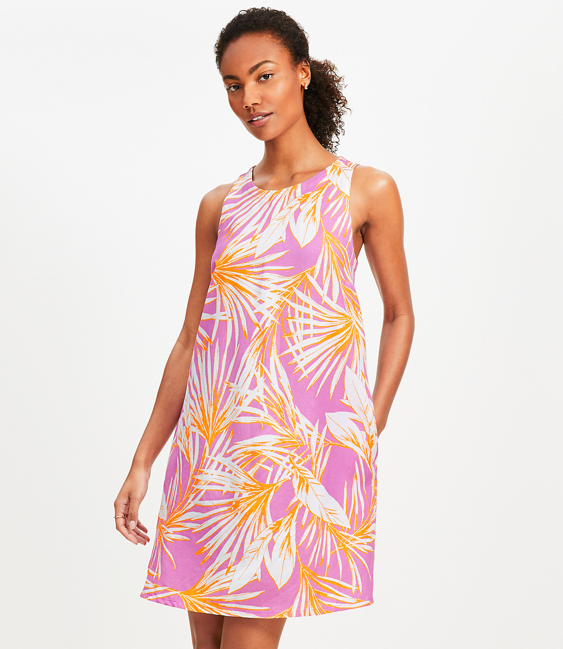 Petite Island Frond Linen Blend Cutout Back Mini Pocket Dress