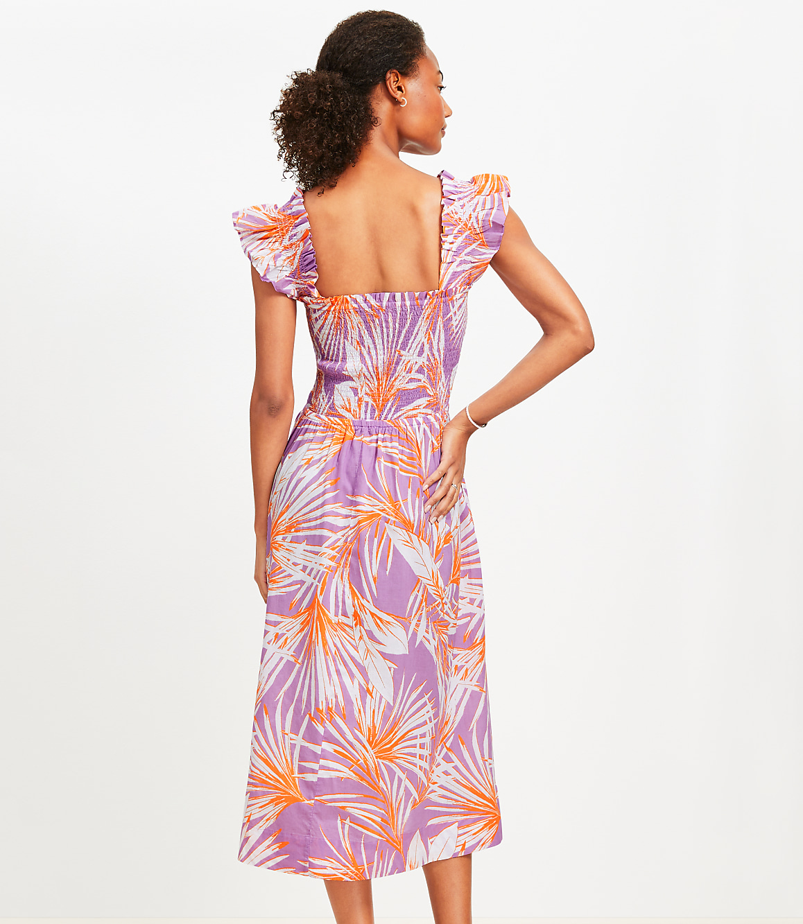 Petite LOFT Beach Island Frond Smocked Ruffle Strap Midi Pocket Dress