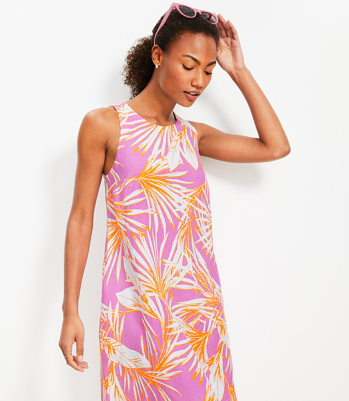 Petite Island Frond Linen Blend Cutout Back Mini Pocket Dress