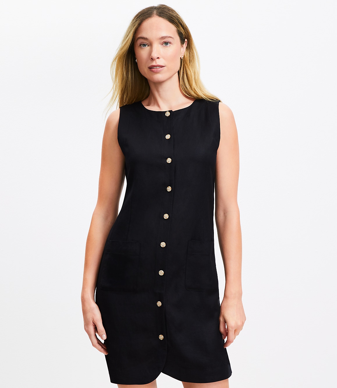 Linen Blend Button Mini Pocket Dress