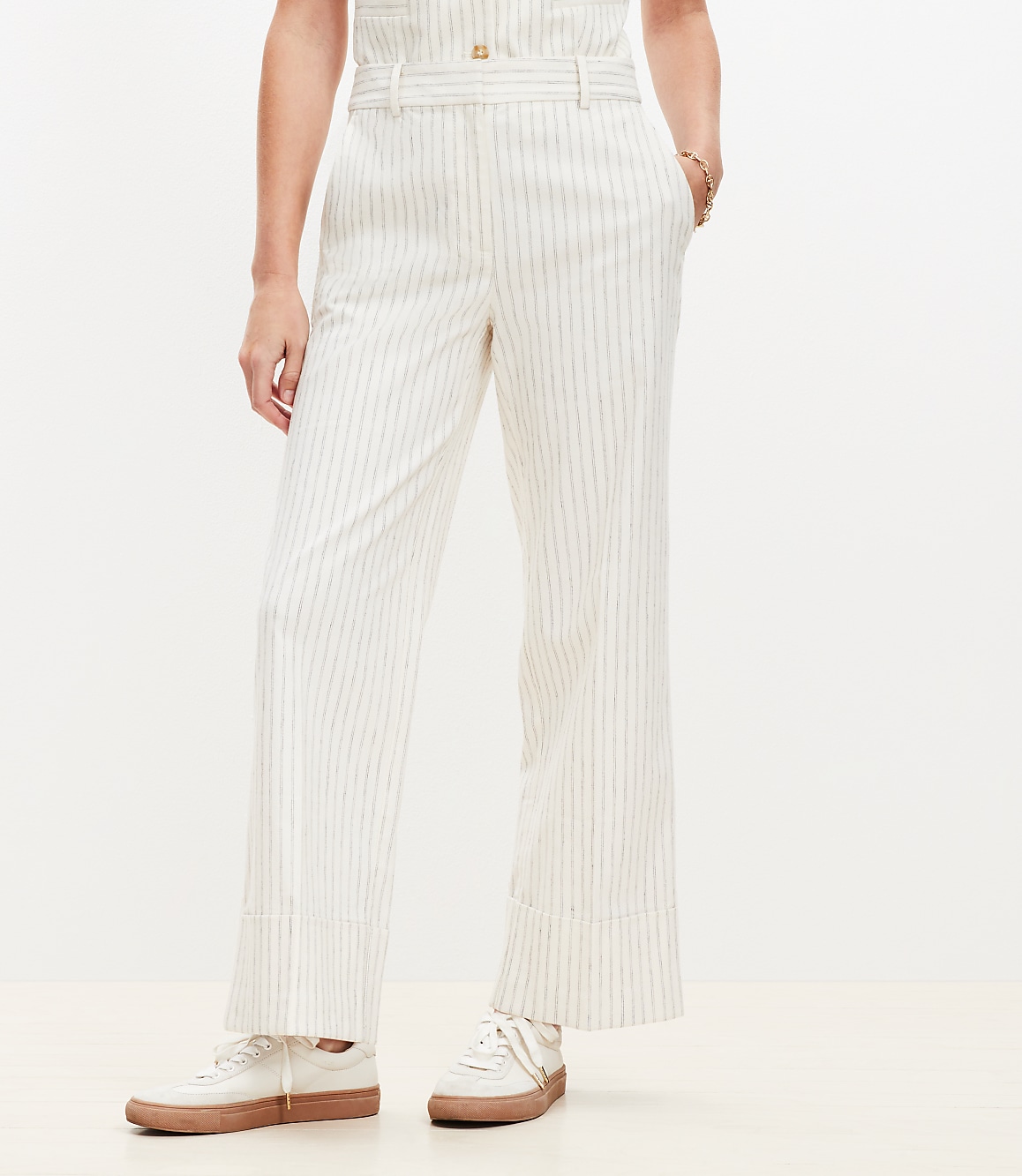 Cuffed Ankle Pants in Striped Cotton Linen