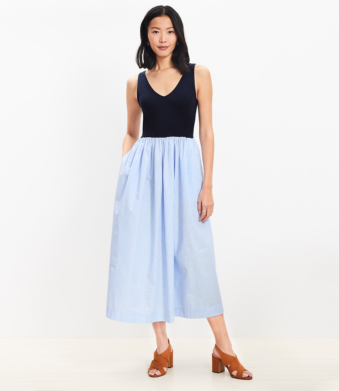 Striped Mixed Media Midi Pocket Dress