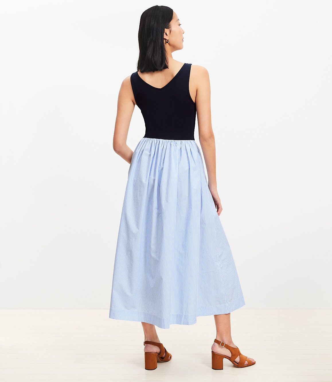 Striped Mixed Media Midi Pocket Dress