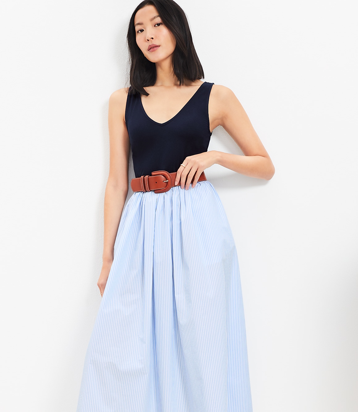 Striped Mixed Media Midi Pocket Dress