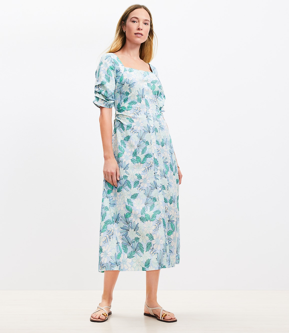 Gardenia Shirred Linen Blend Button Midi Dress