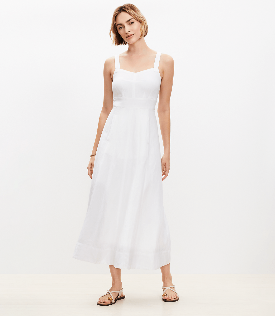Linen Blend Seamed Midi Pocket Dress