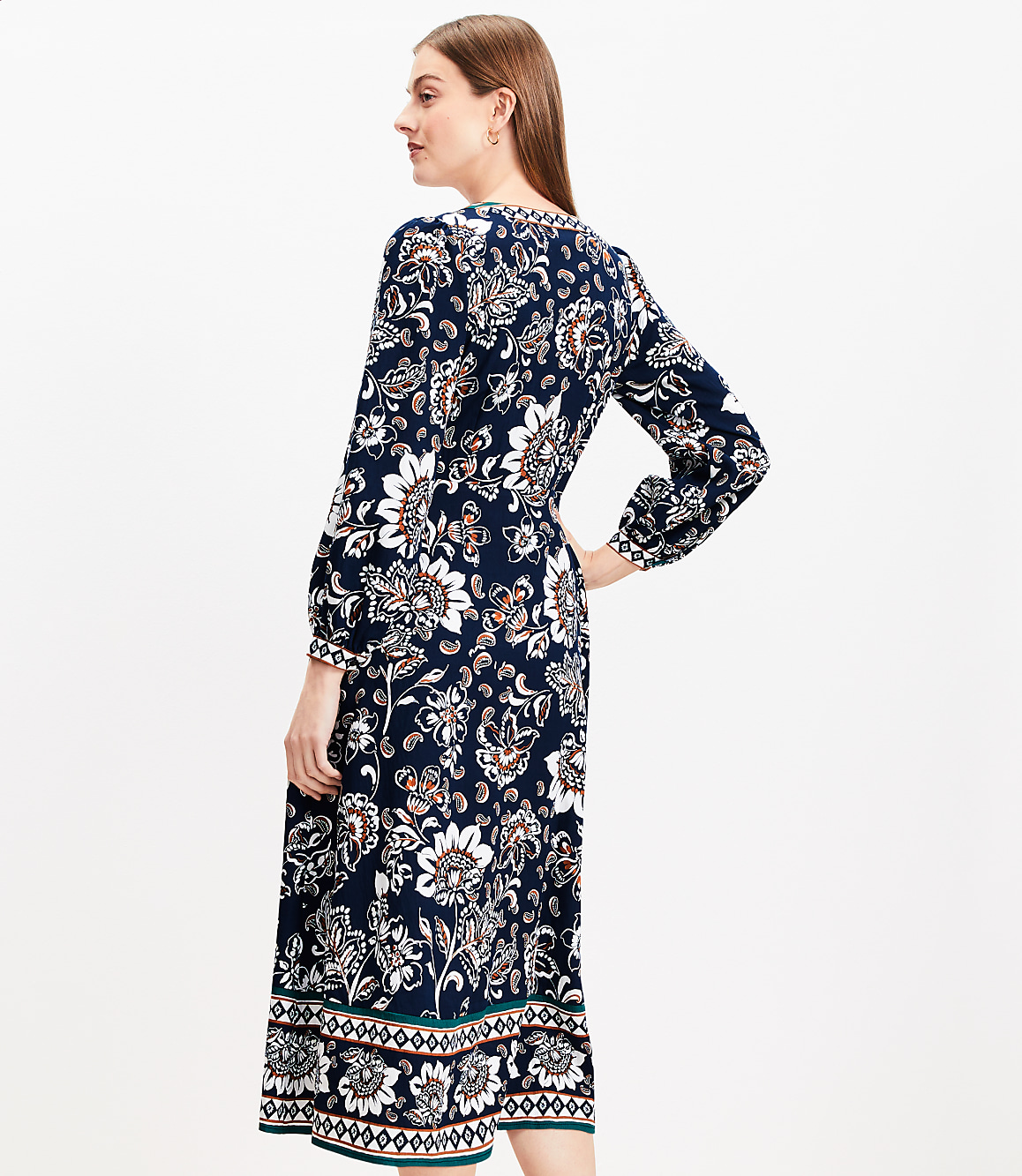 Border Floral V-Neck Midi Dress