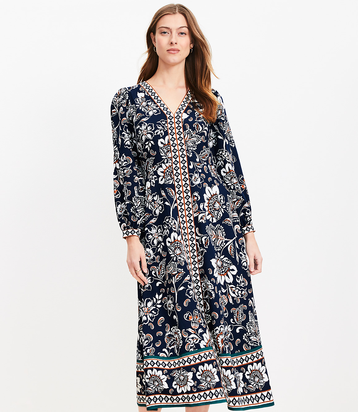 Border Floral V-Neck Midi Dress