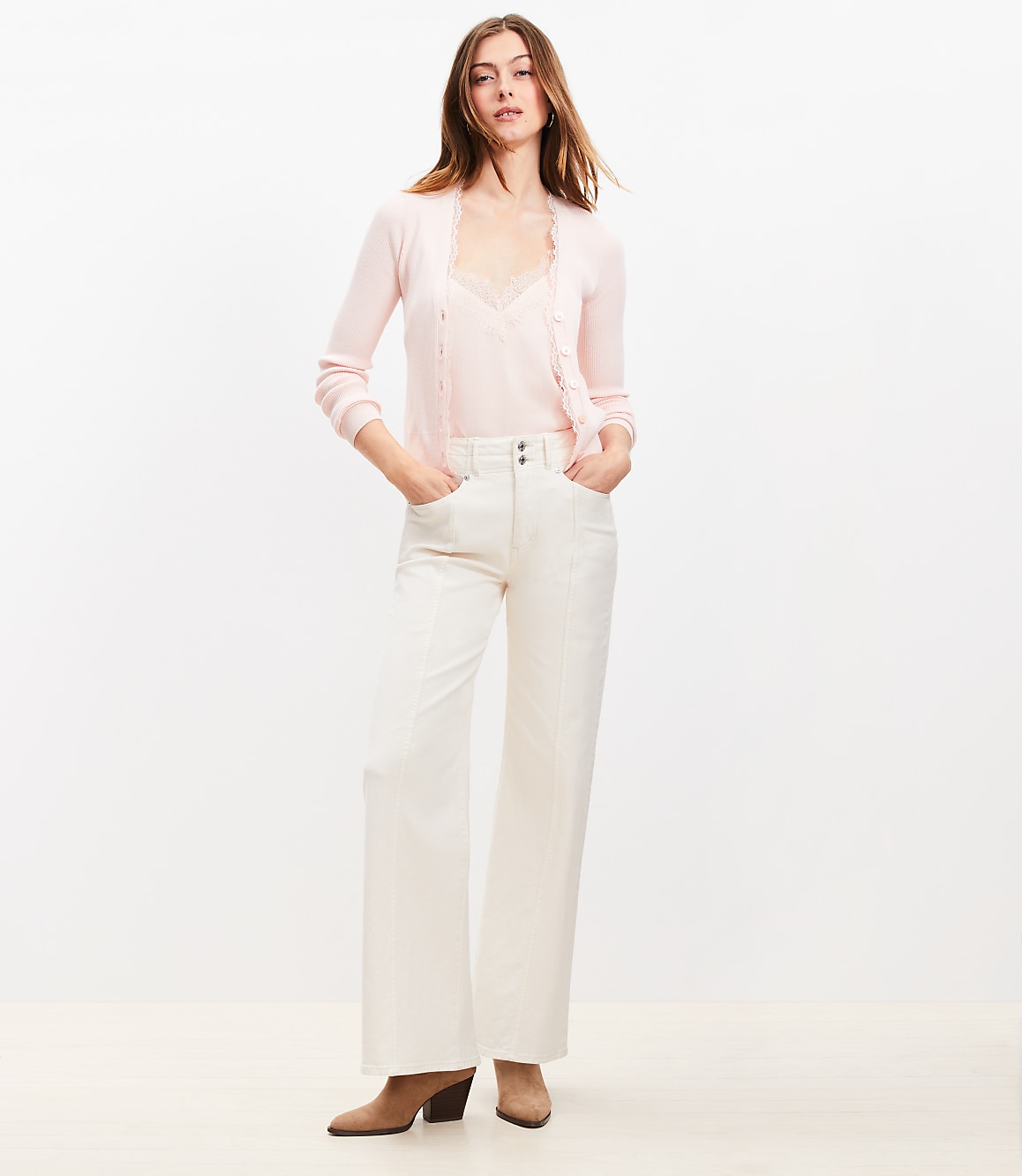 Petite Lace Trim Ribbed V-Neck Cardigan