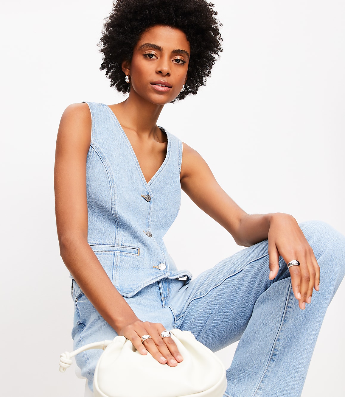 Petite Denim Vest in Destructed Mid Wash