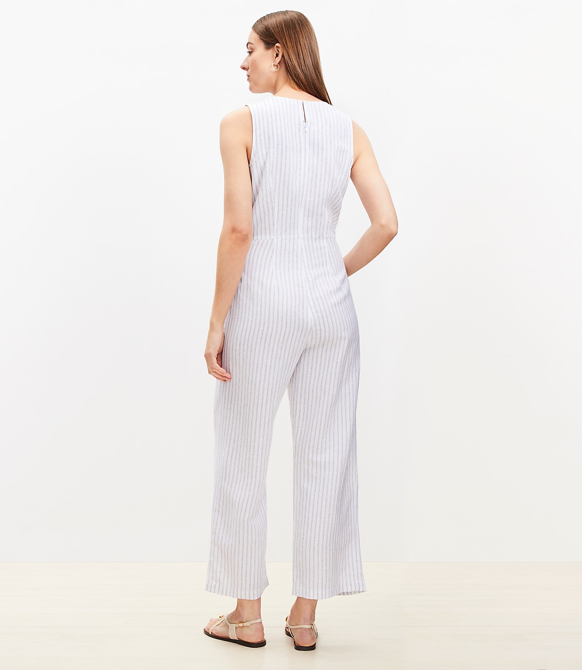 Striped Tie Front Linen Blend Jumpsuit