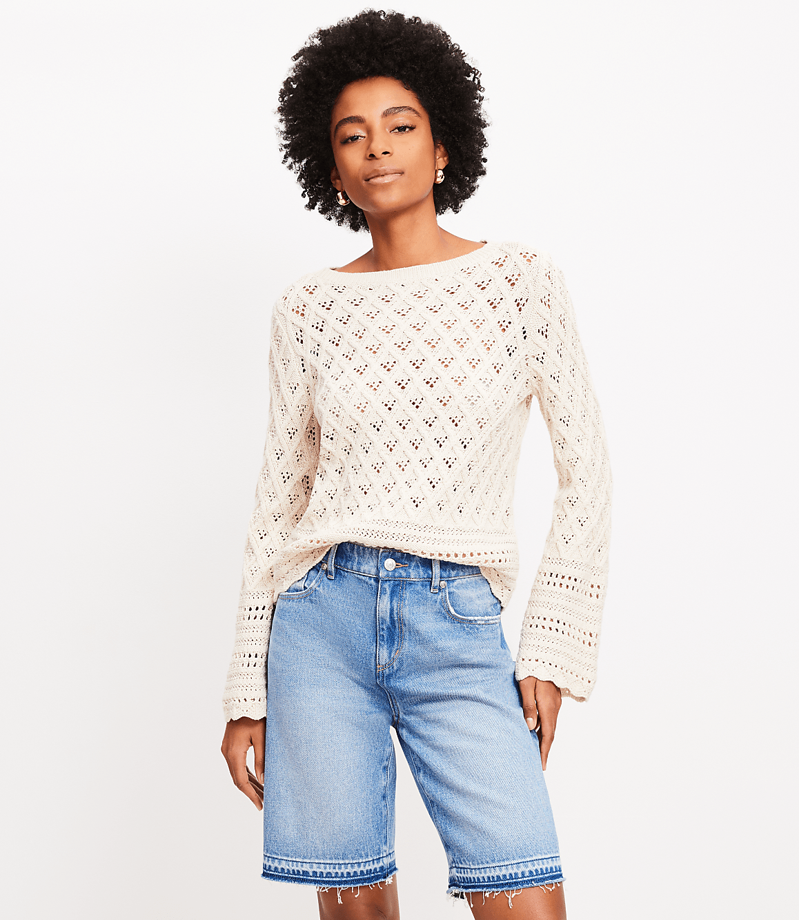 Mixed Pointelle Wide Sleeve Boatneck Sweater