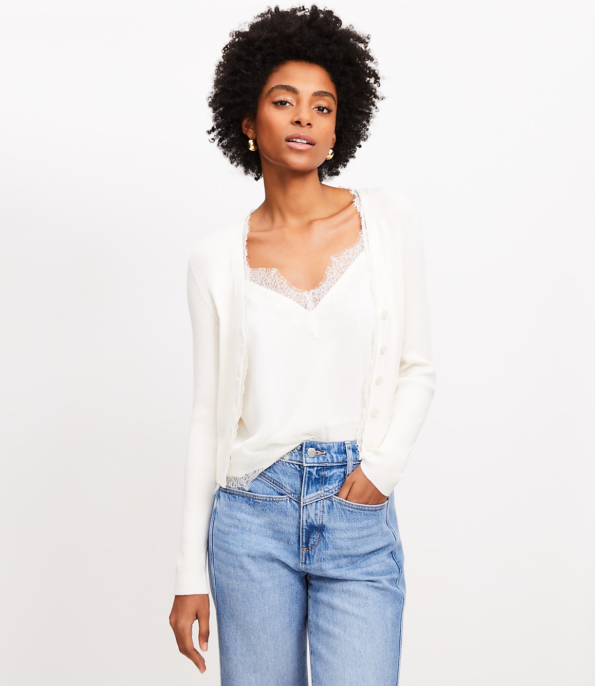 Lace Trim Ribbed V-Neck Cardigan