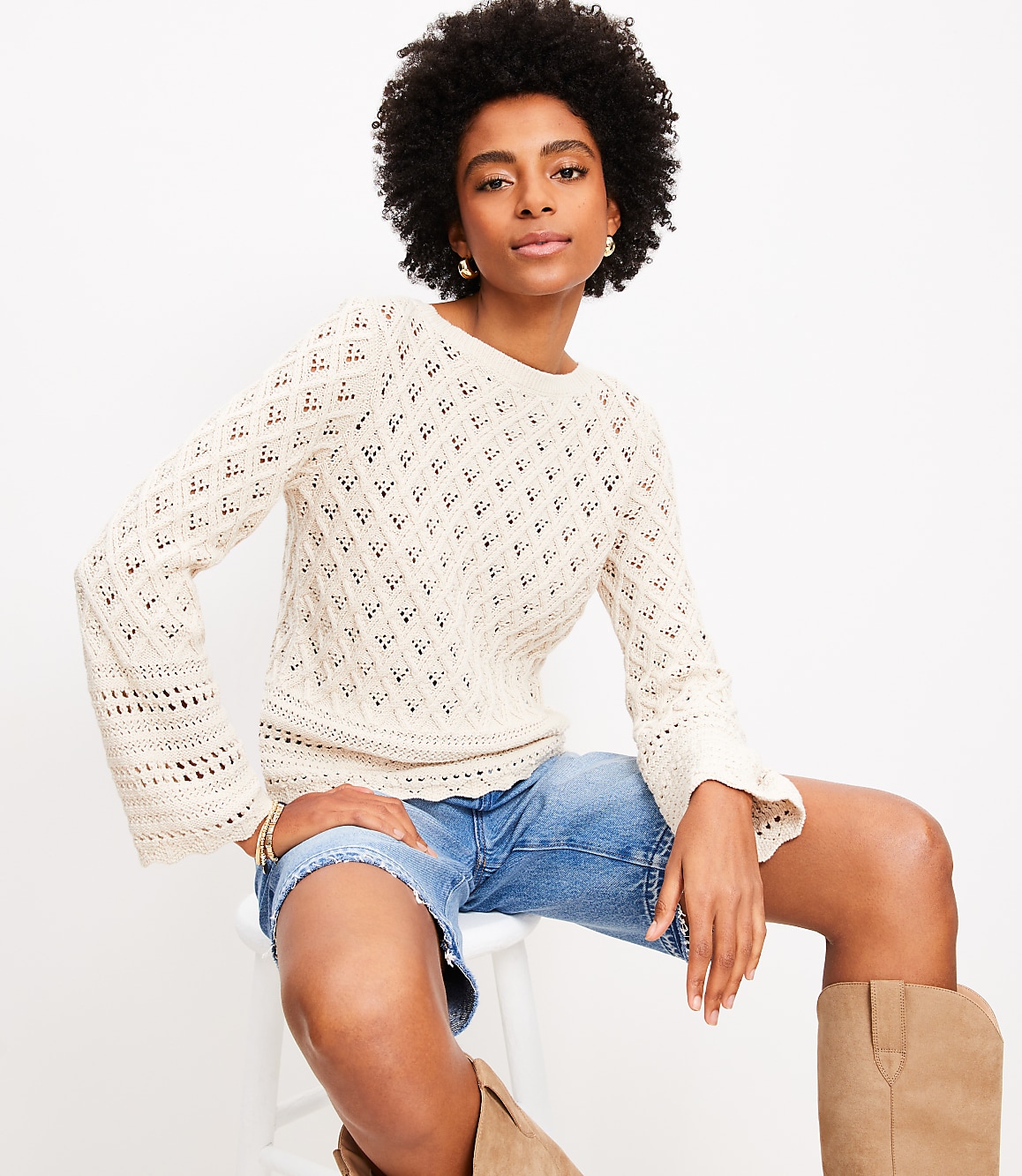 Mixed Pointelle Wide Sleeve Boatneck Sweater