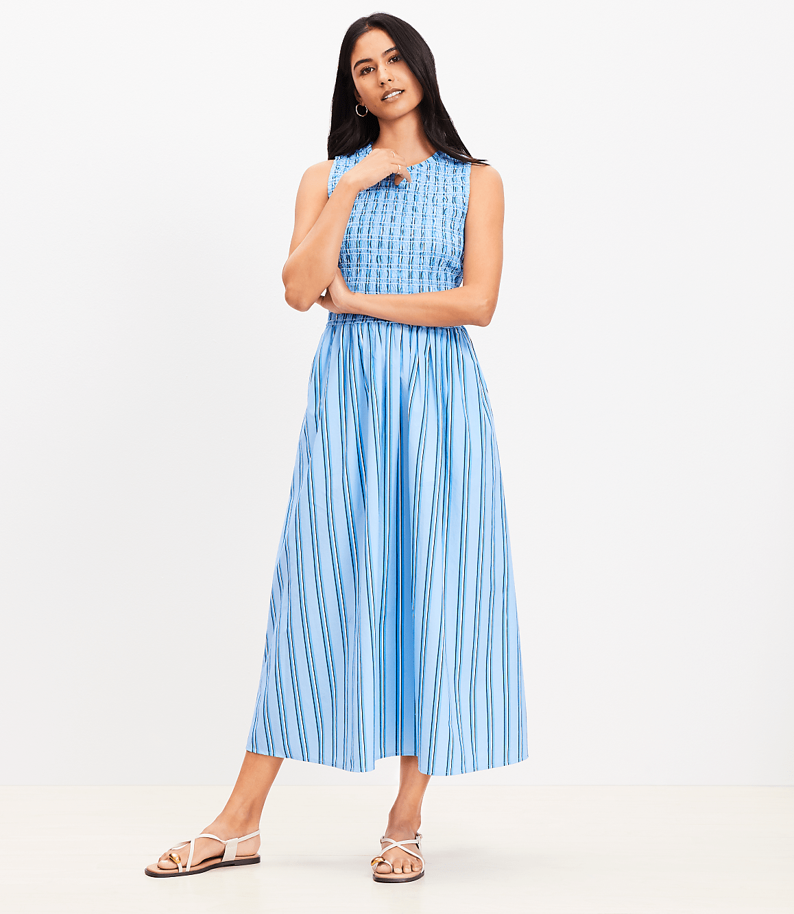 Striped Poplin Smocked Midi Pocket Dress