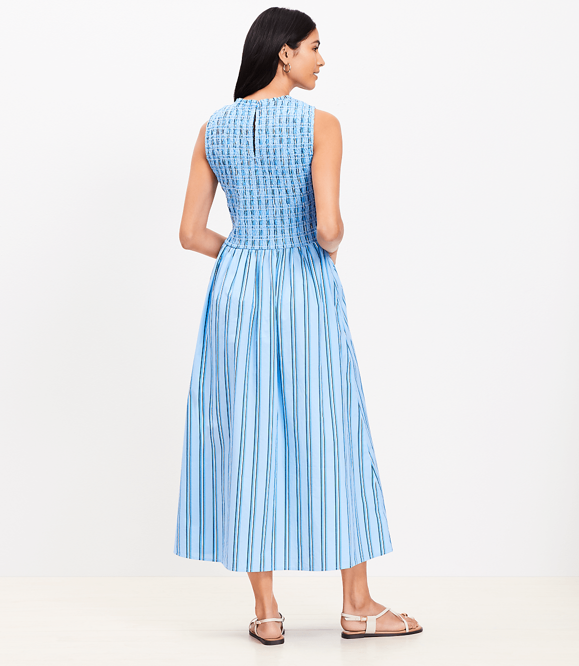 Striped Poplin Smocked Midi Pocket Dress