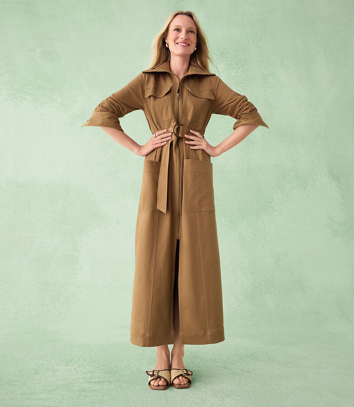 Twill Zip Midi Pocket Dress