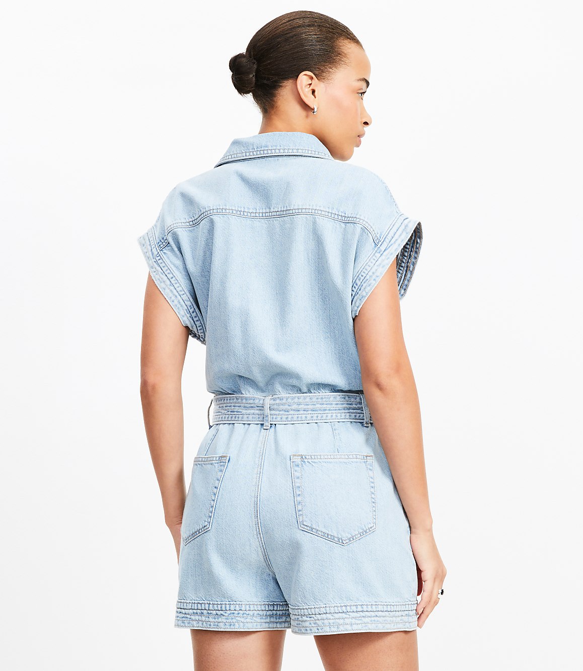 Petite Denim Utility Romper in Light Wash