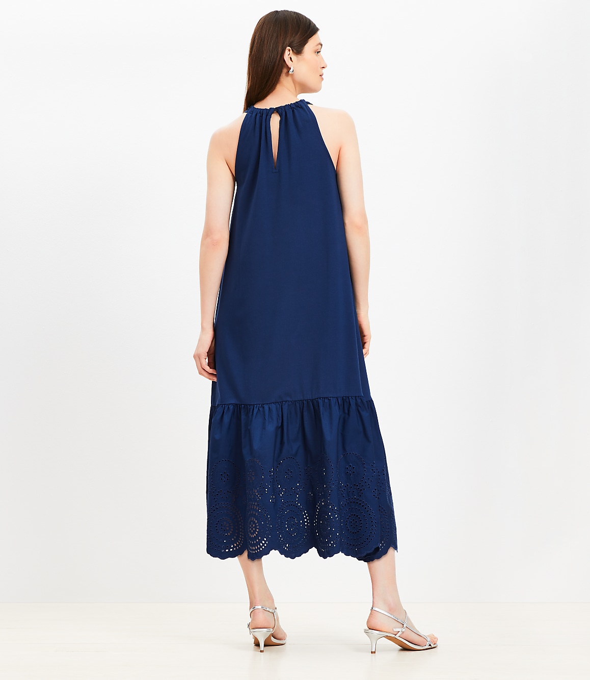 Eyelet Poplin Mixed Media Maxi Halter Dress