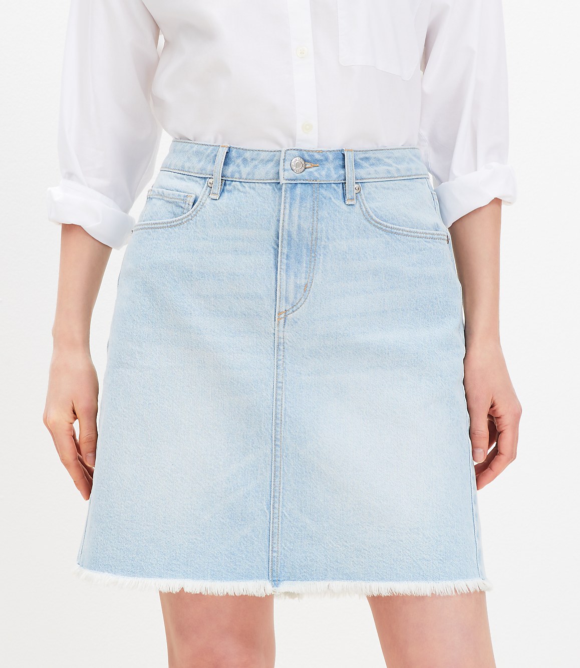 Petite Frayed Denim Mini Skirt in Light Wash Indigo