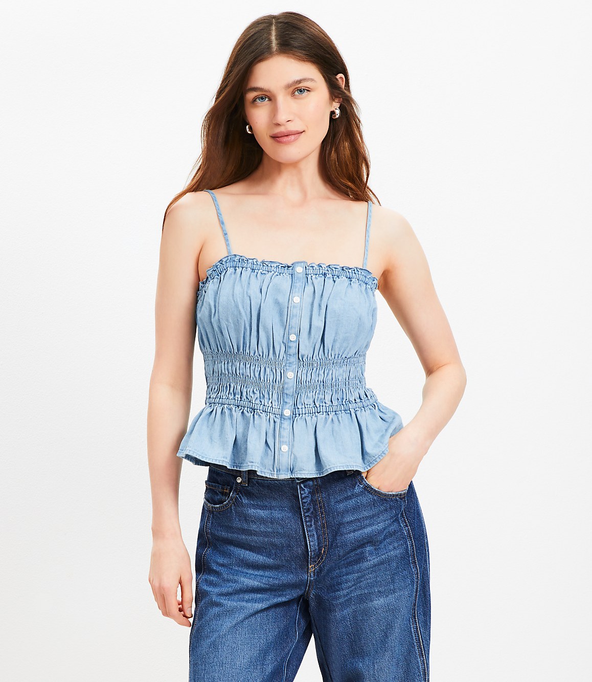 Petite Chambray Ruffle Smocked Button Cami
