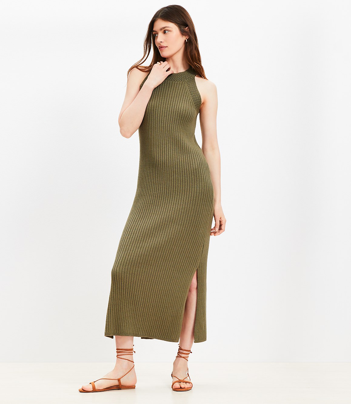 Crochet Ribbed Halter Maxi Sweater Dress