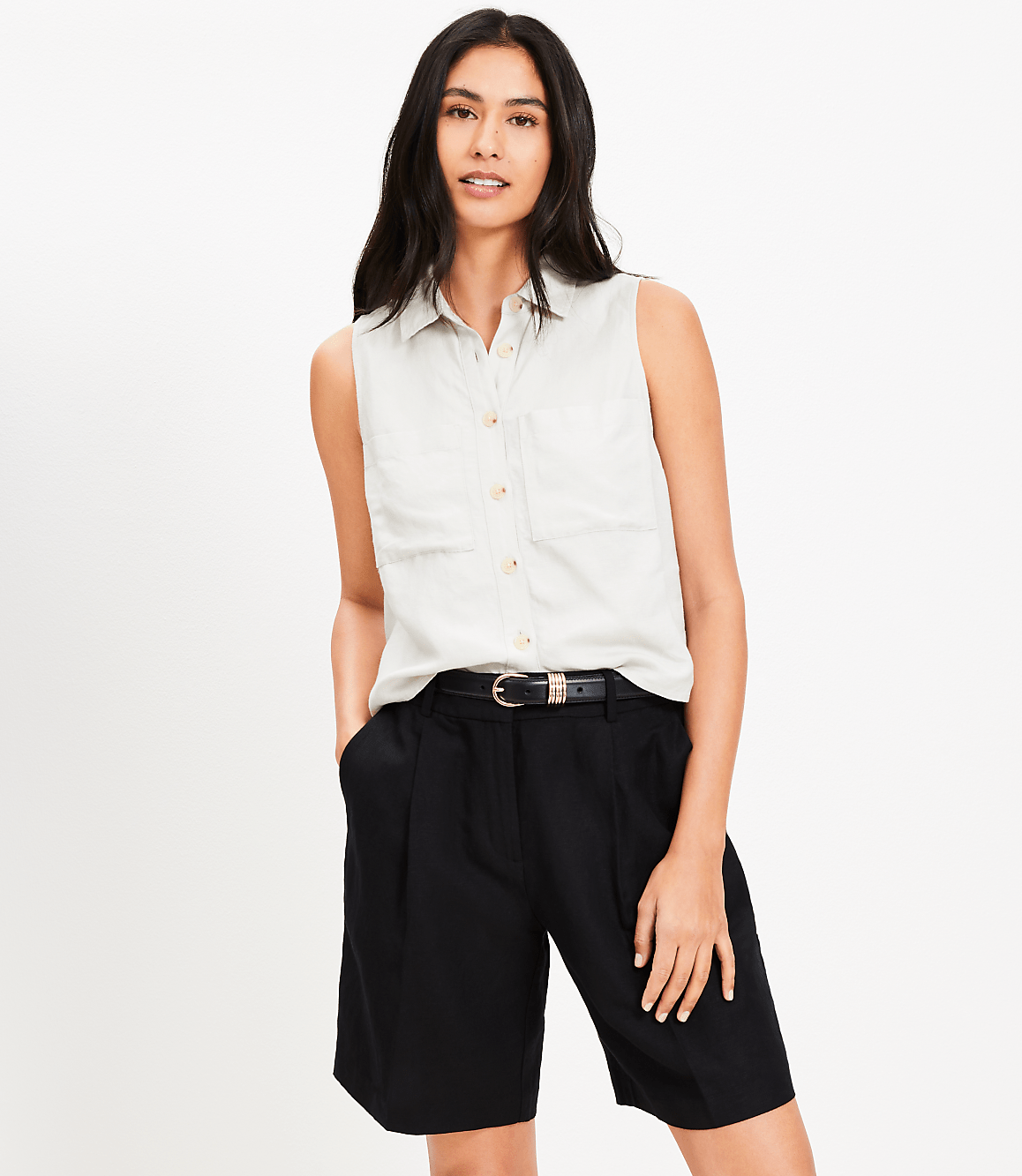 Petite Linen Blend Sleeveless Pocket Shirt