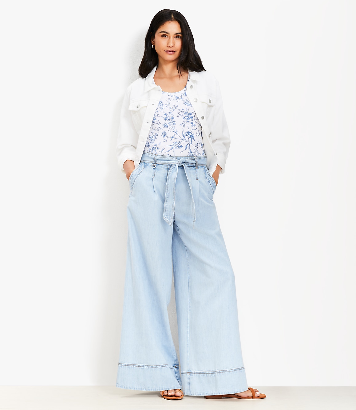 Chambray Belted Wide Leg Pants