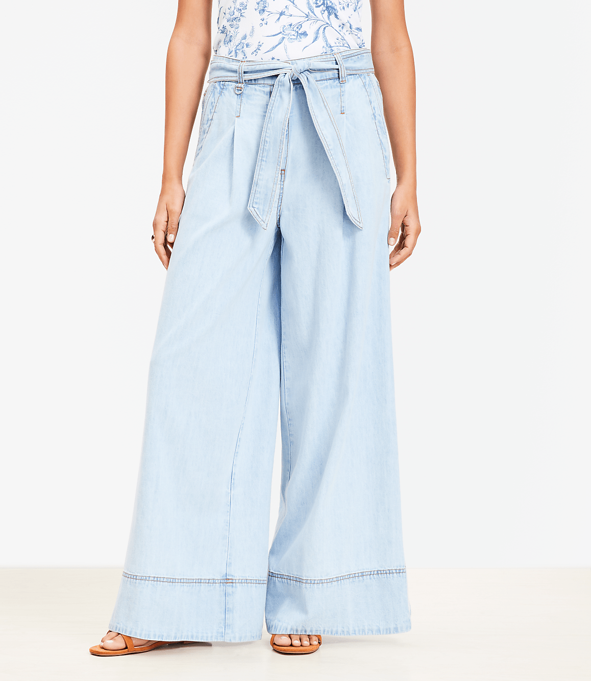 Chambray Belted Wide Leg Pants