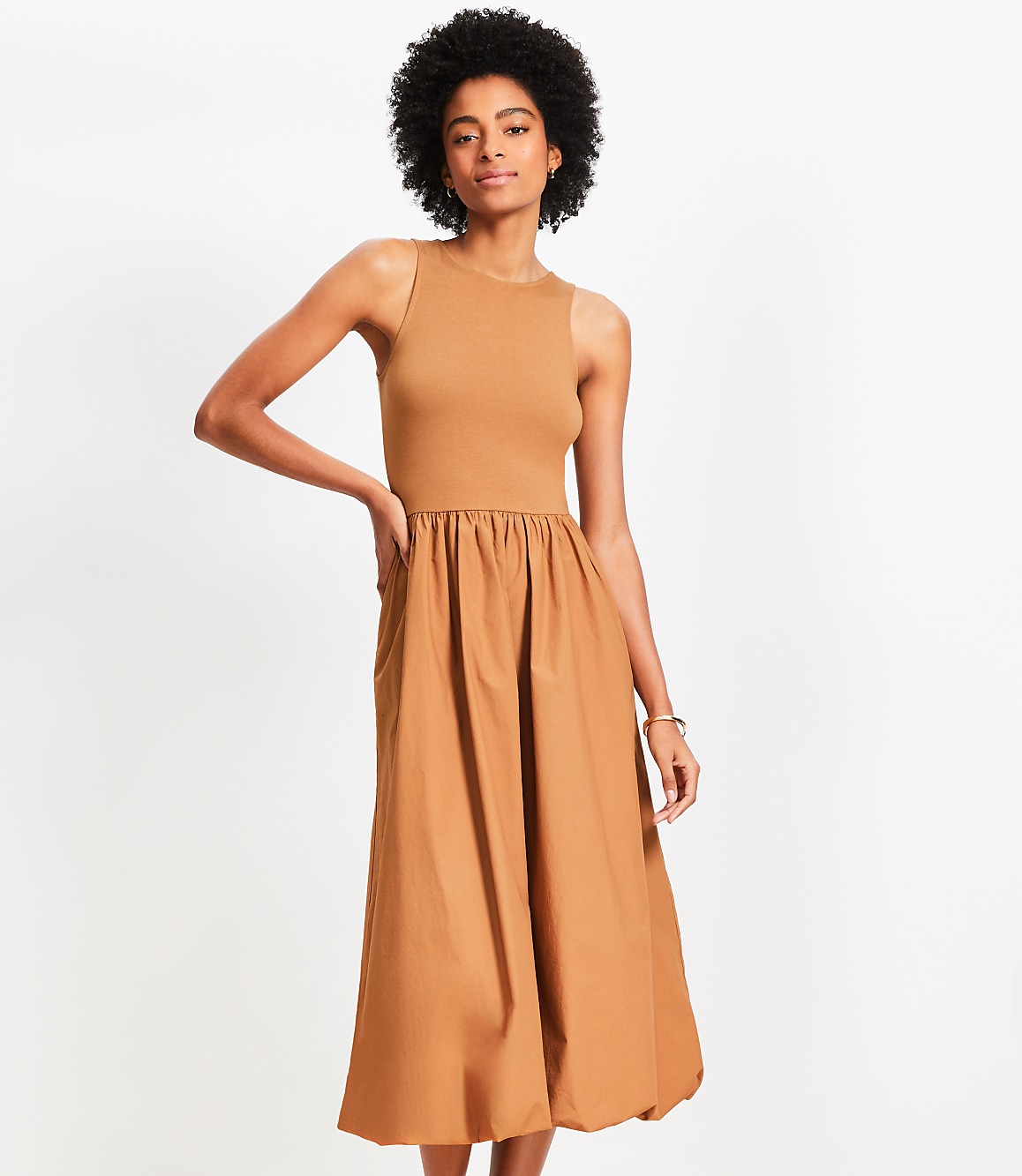 Petite Poplin Bubble Mixed Media Midi Dress