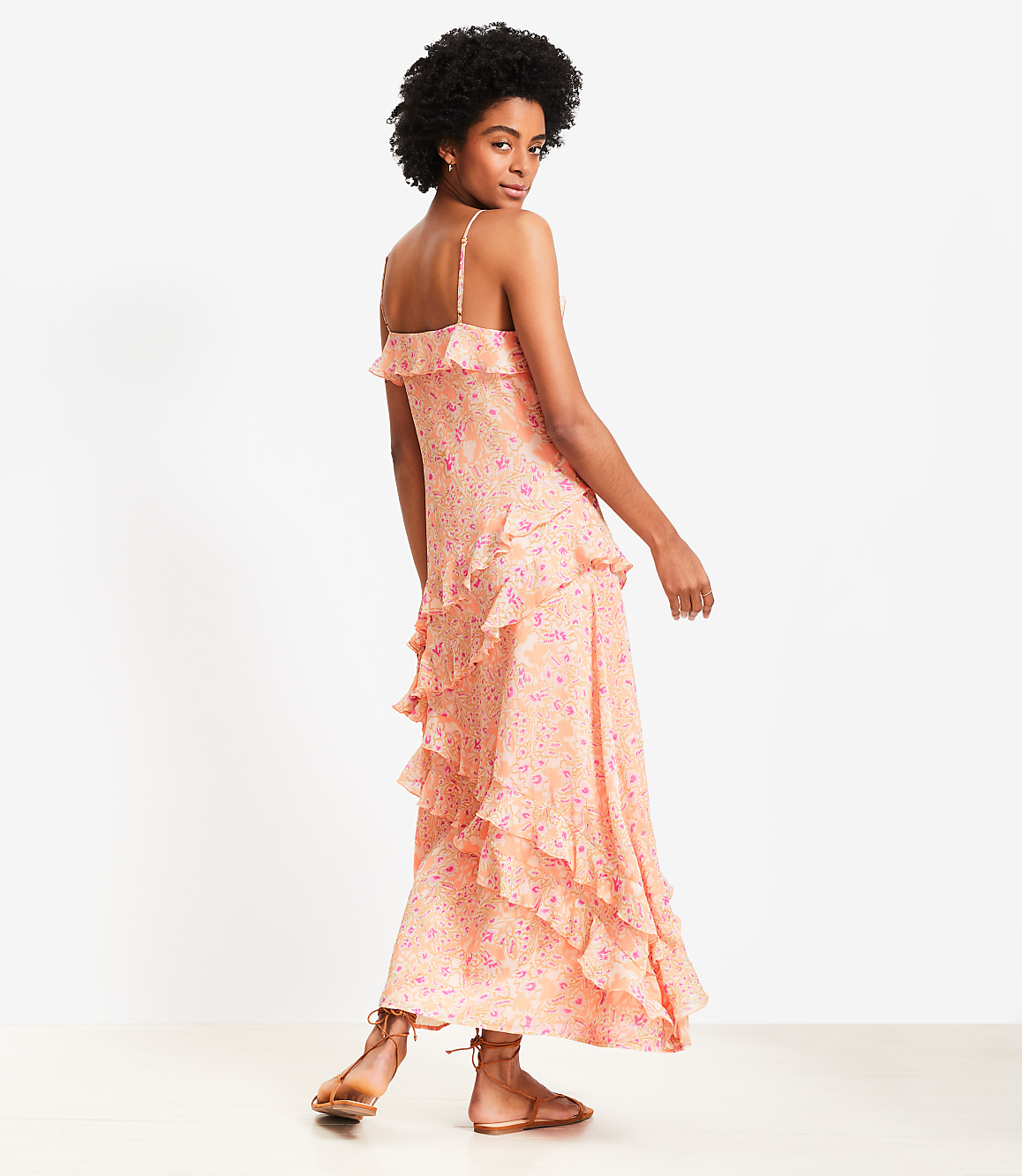 Loft Floral Ruffle Strappy Maxi Dress Size 0 Coral Cream Women's