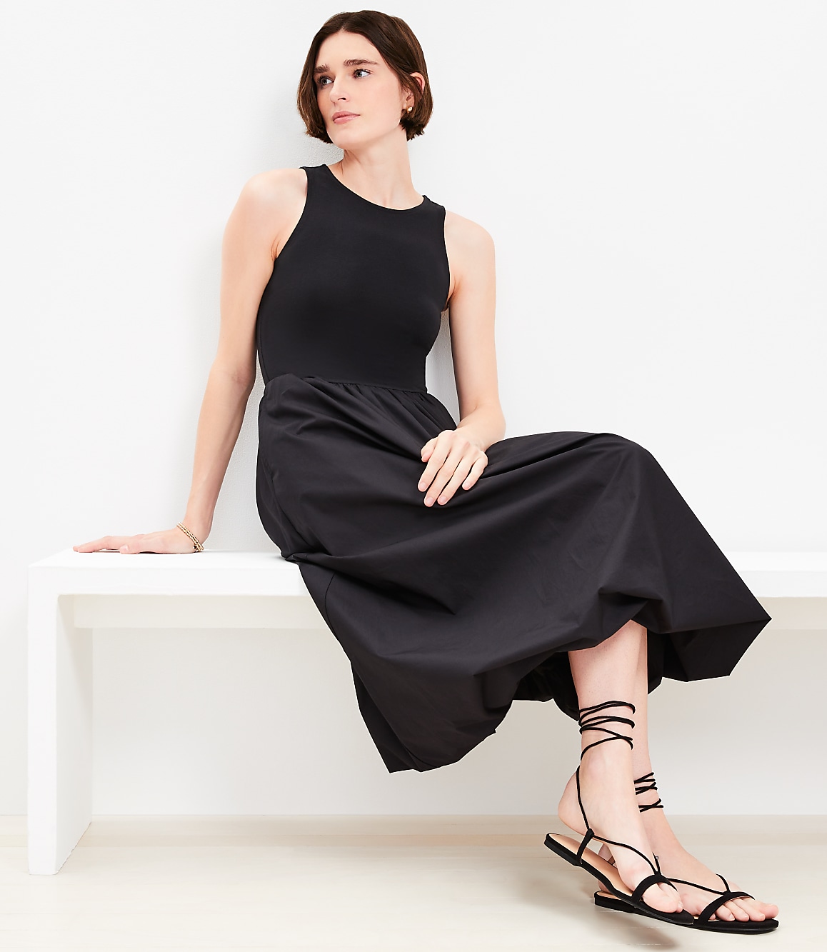Poplin Bubble Mixed Media Midi Dress