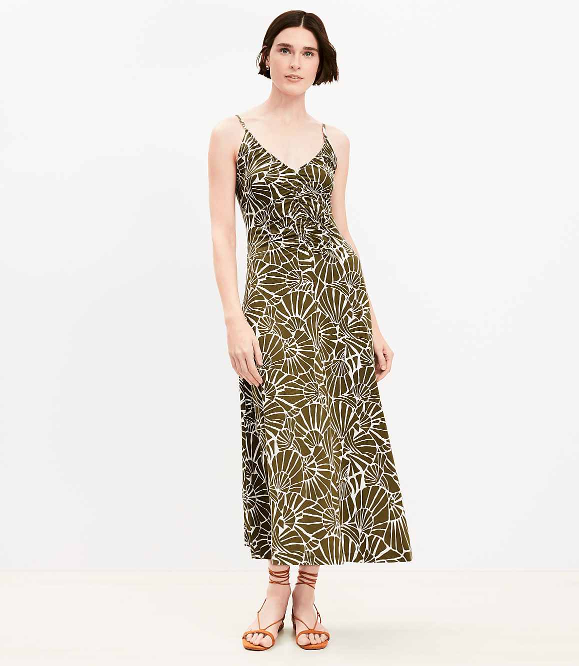 Shell Ruched Strappy Midi Dress