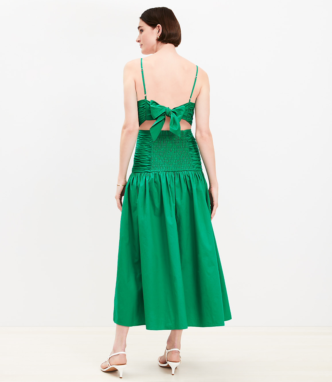 Poplin Cutout Tie Back Ruched Midi Dress