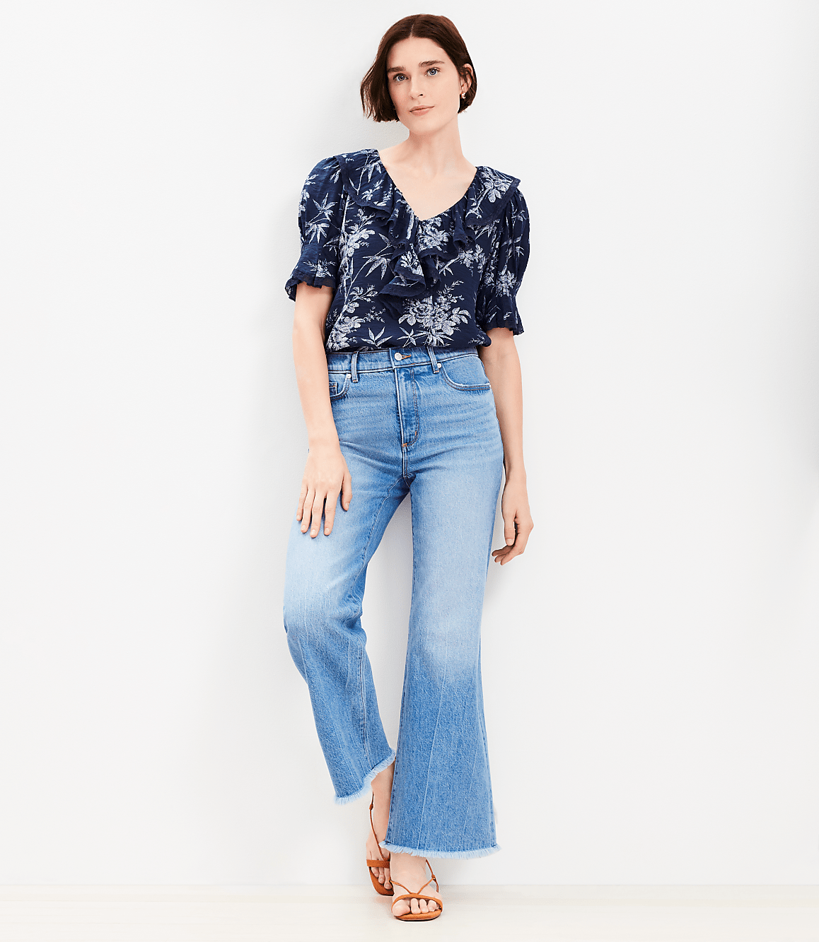 Petite Frayed High Rise Wide Leg Crop Jeans in White