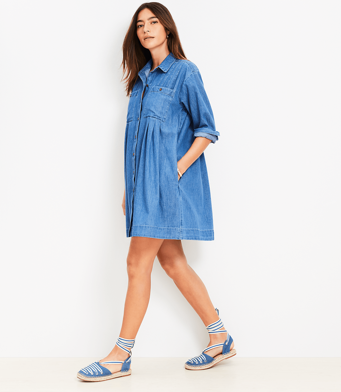 Tall Chambray Pleated Mini Pocket Dress