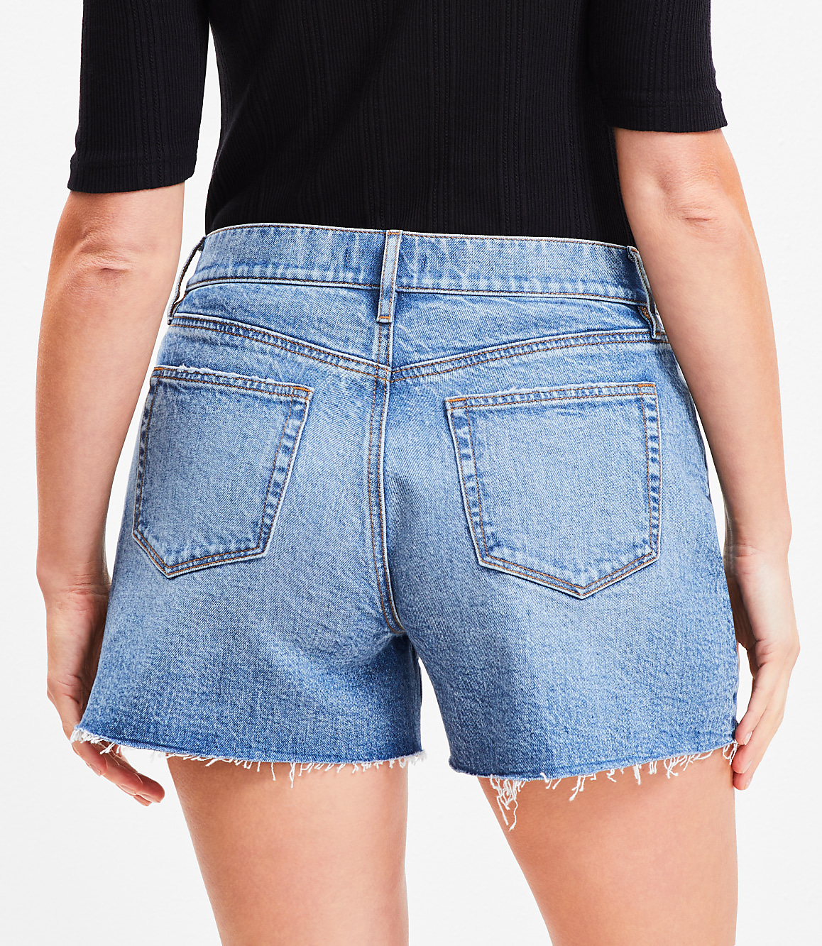 Petite Curvy Destructed High Rise Cut Off Denim Shorts in Authentic Dark Wash