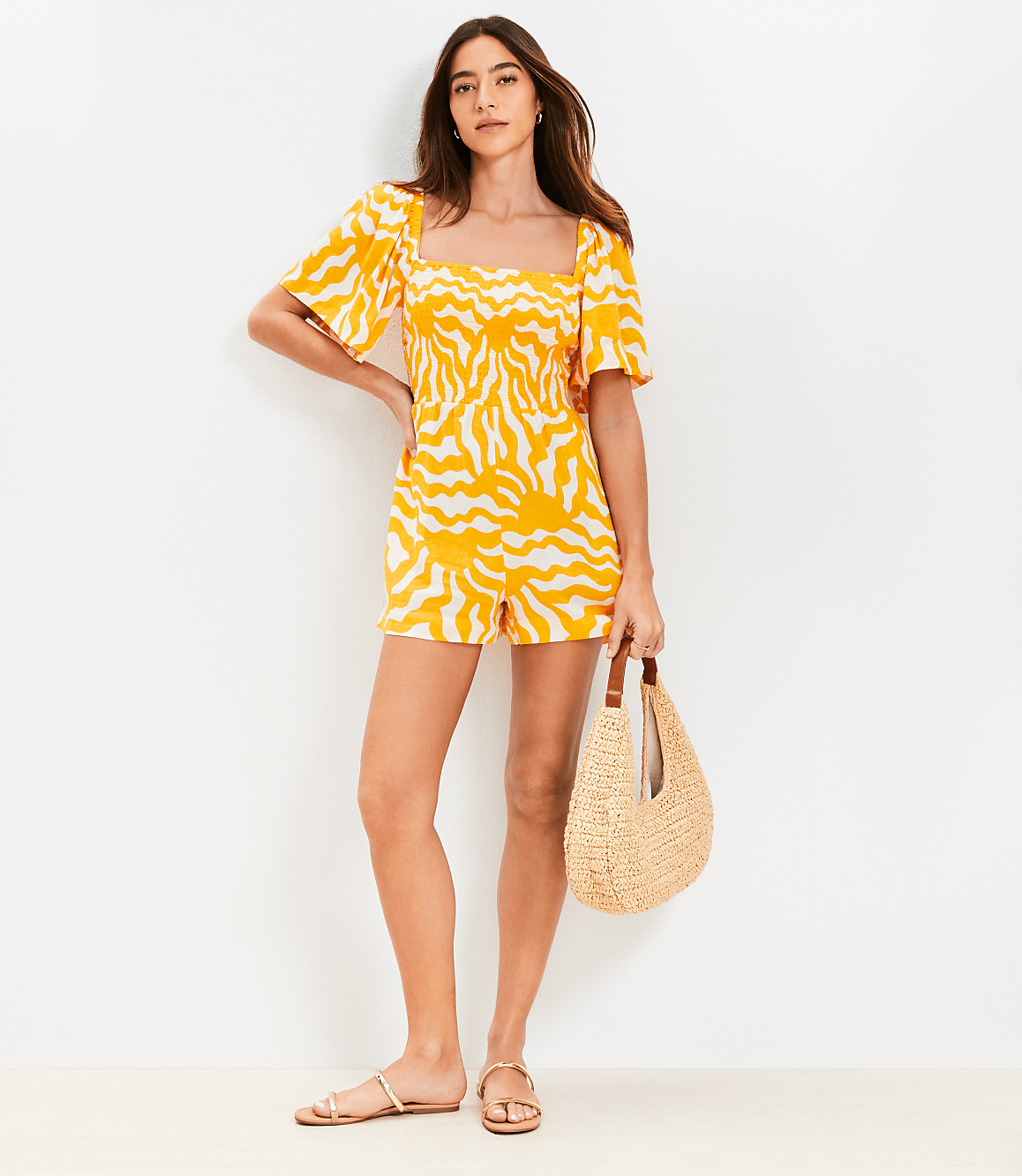 LOFT Beach Sunny Smocked Cutout Back Romper
