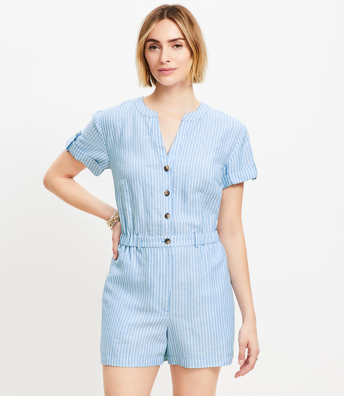 Petite Striped Linen Cotton Split Neck Romper