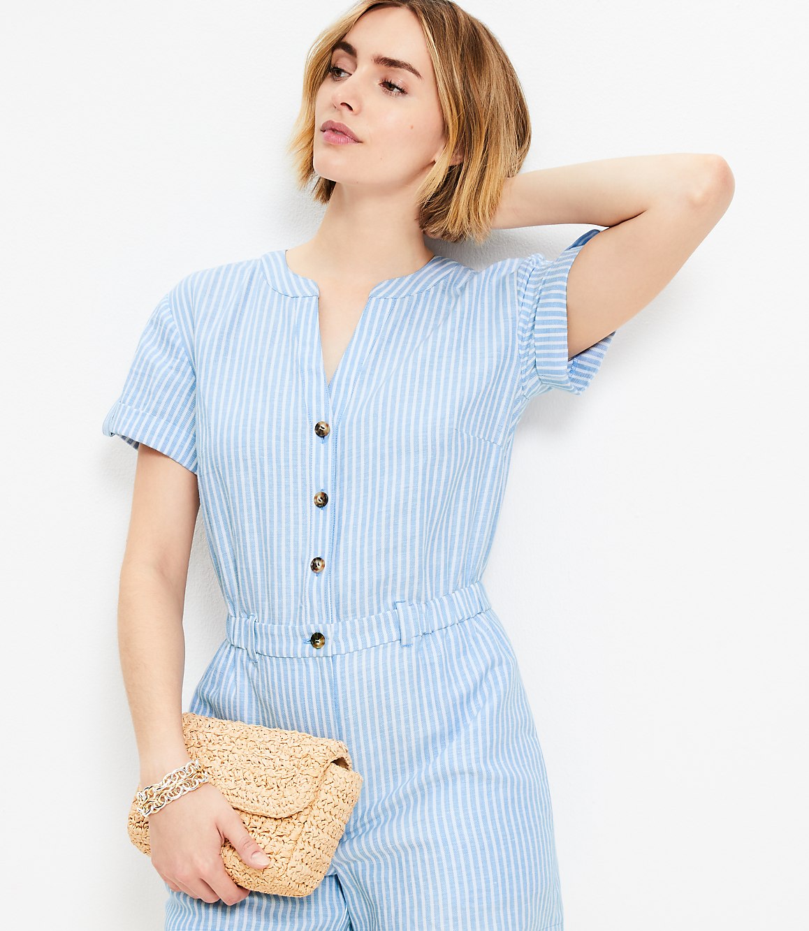 Petite Striped Linen Cotton Split Neck Romper