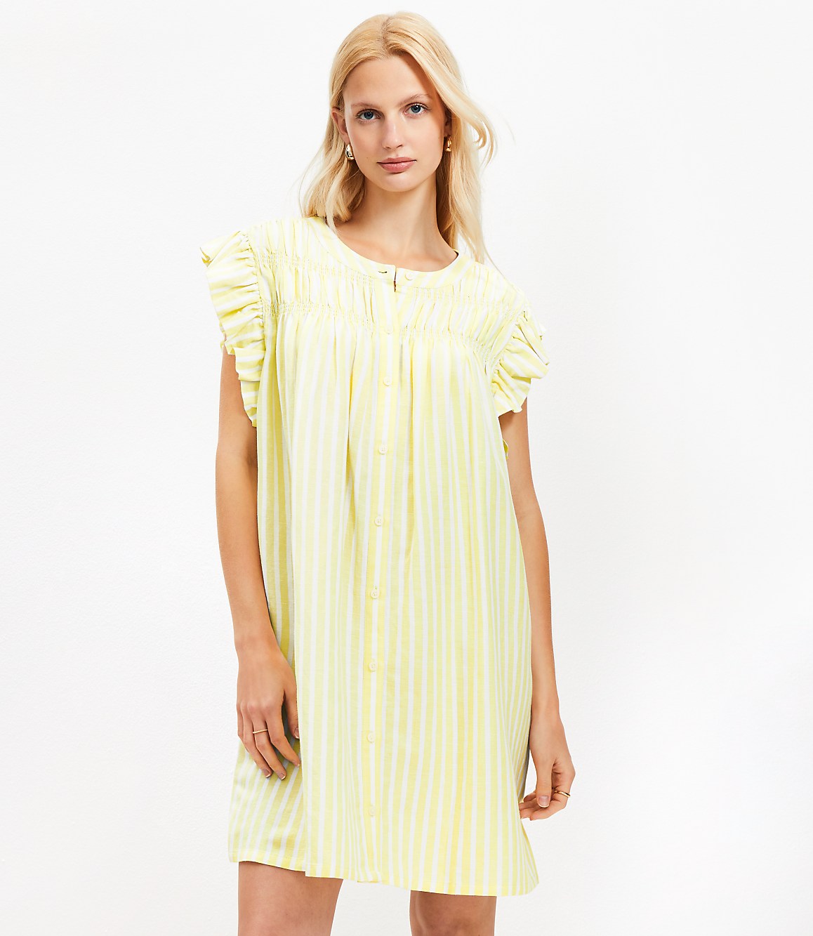 Petite Striped Linen Blend Flutter Shirtdress