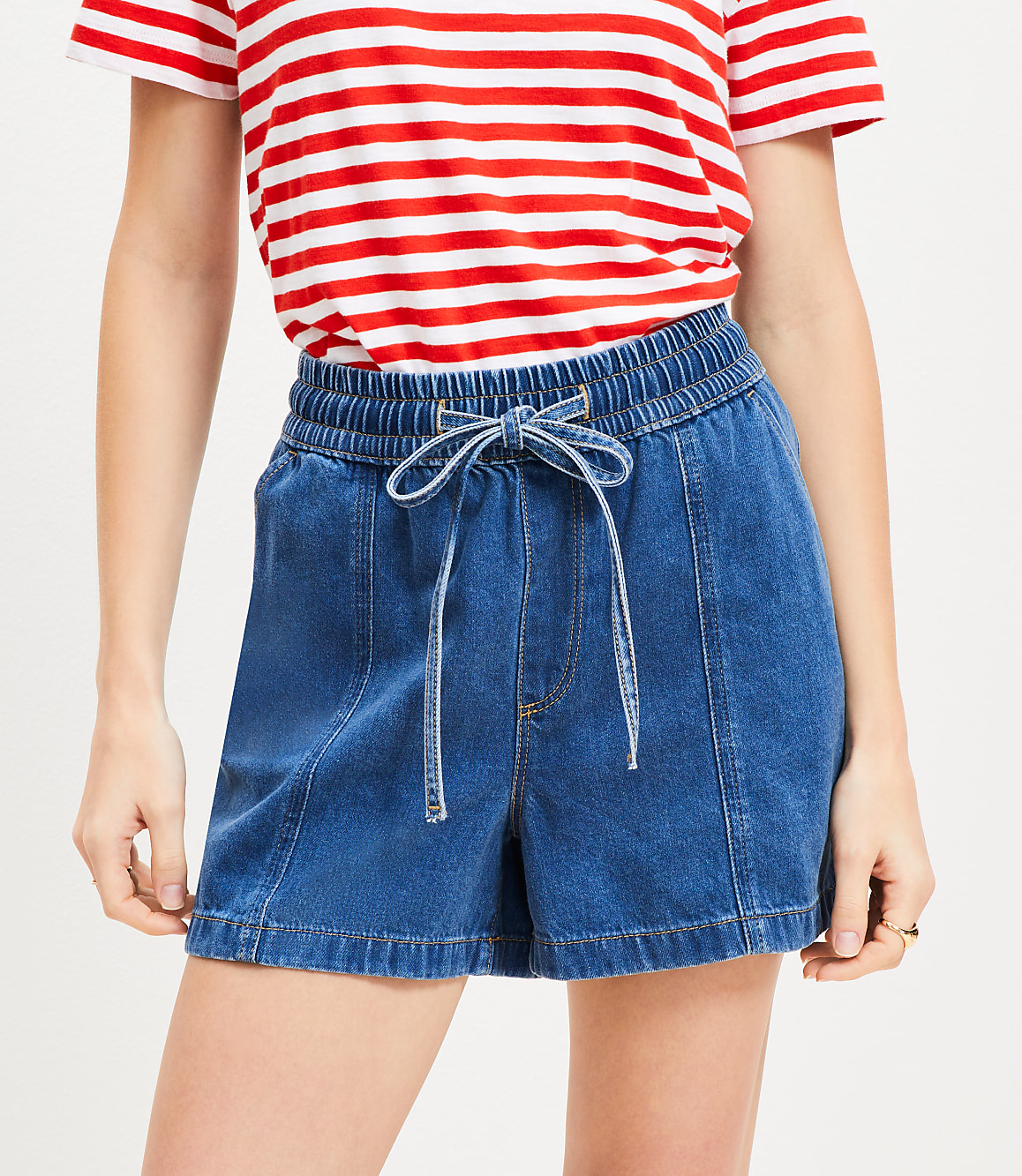 Petite High Rise Drawstring Denim Shorts in Classic Mid Wash