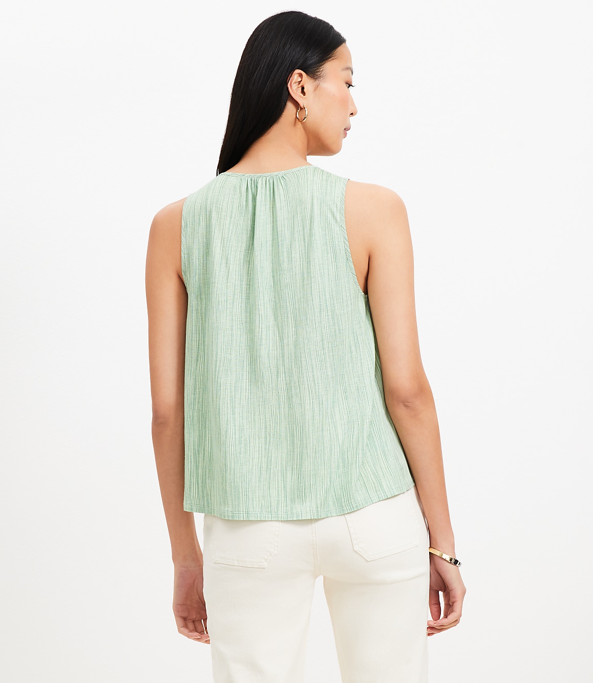 Striped Cutout Tie Neck Mixed Media Shell