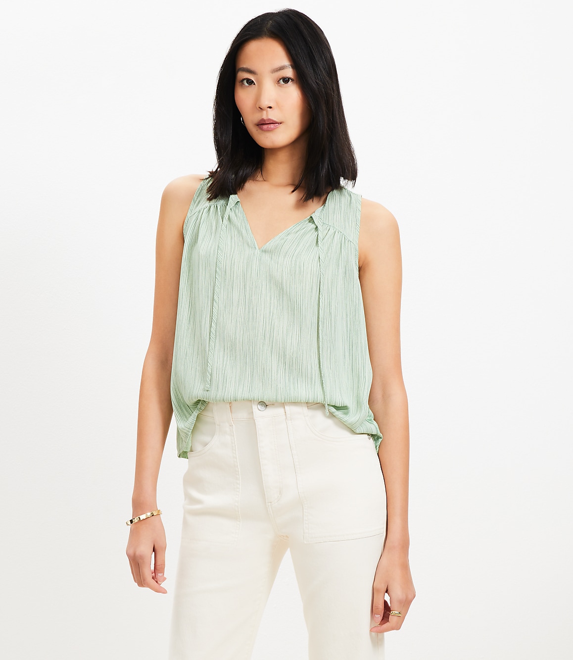 Striped Cutout Tie Neck Mixed Media Shell