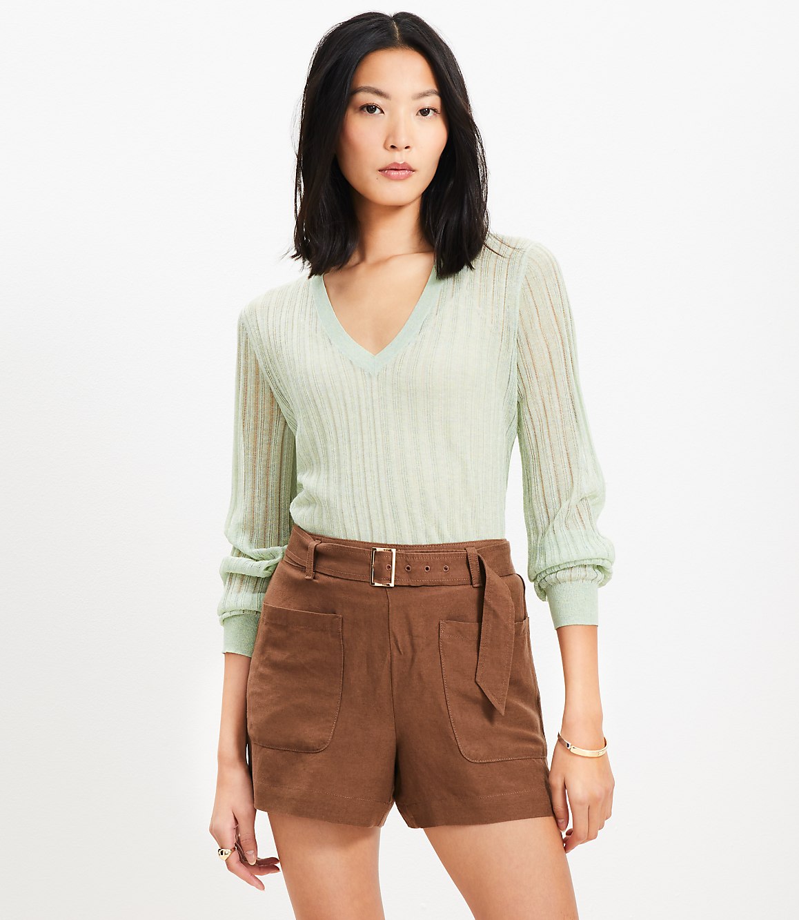Sheer Ribbed V-Neck Sweater