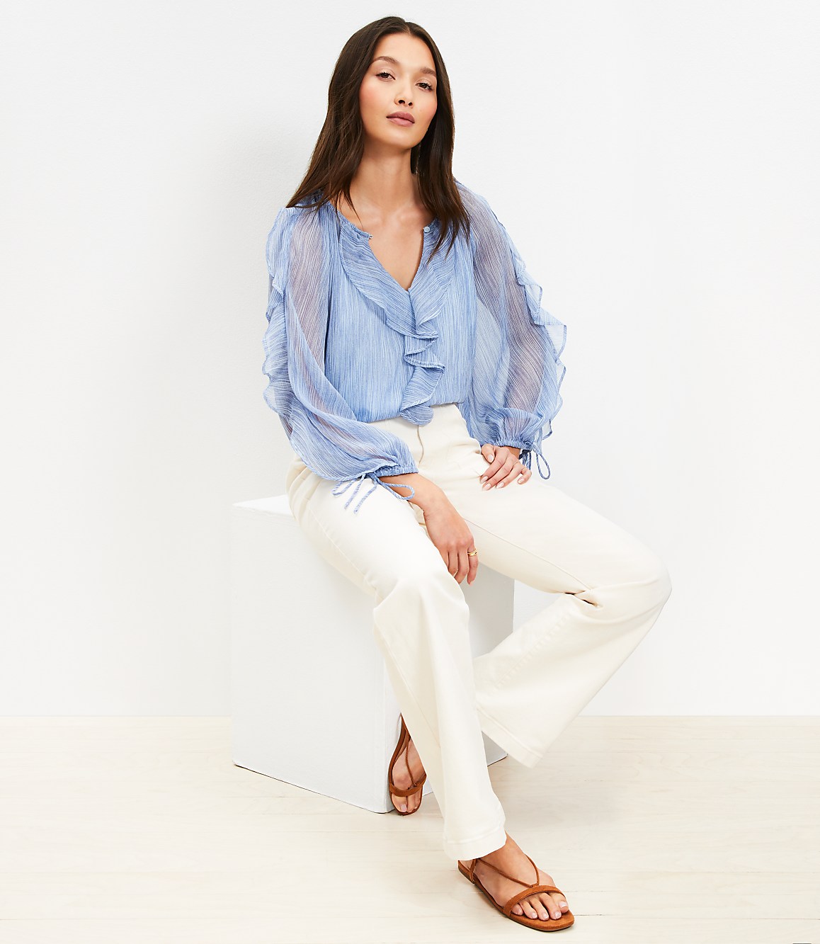 Petite Chiffon Ruffle Tie Cuff Blouse