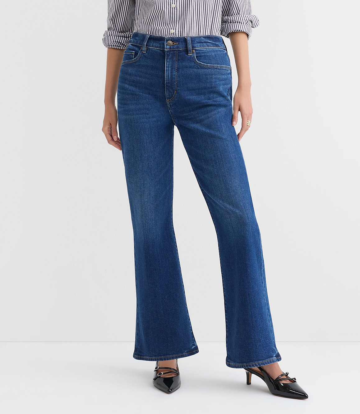 Petite Curvy High Rise Relaxed Flare Jeans in Medium Wash