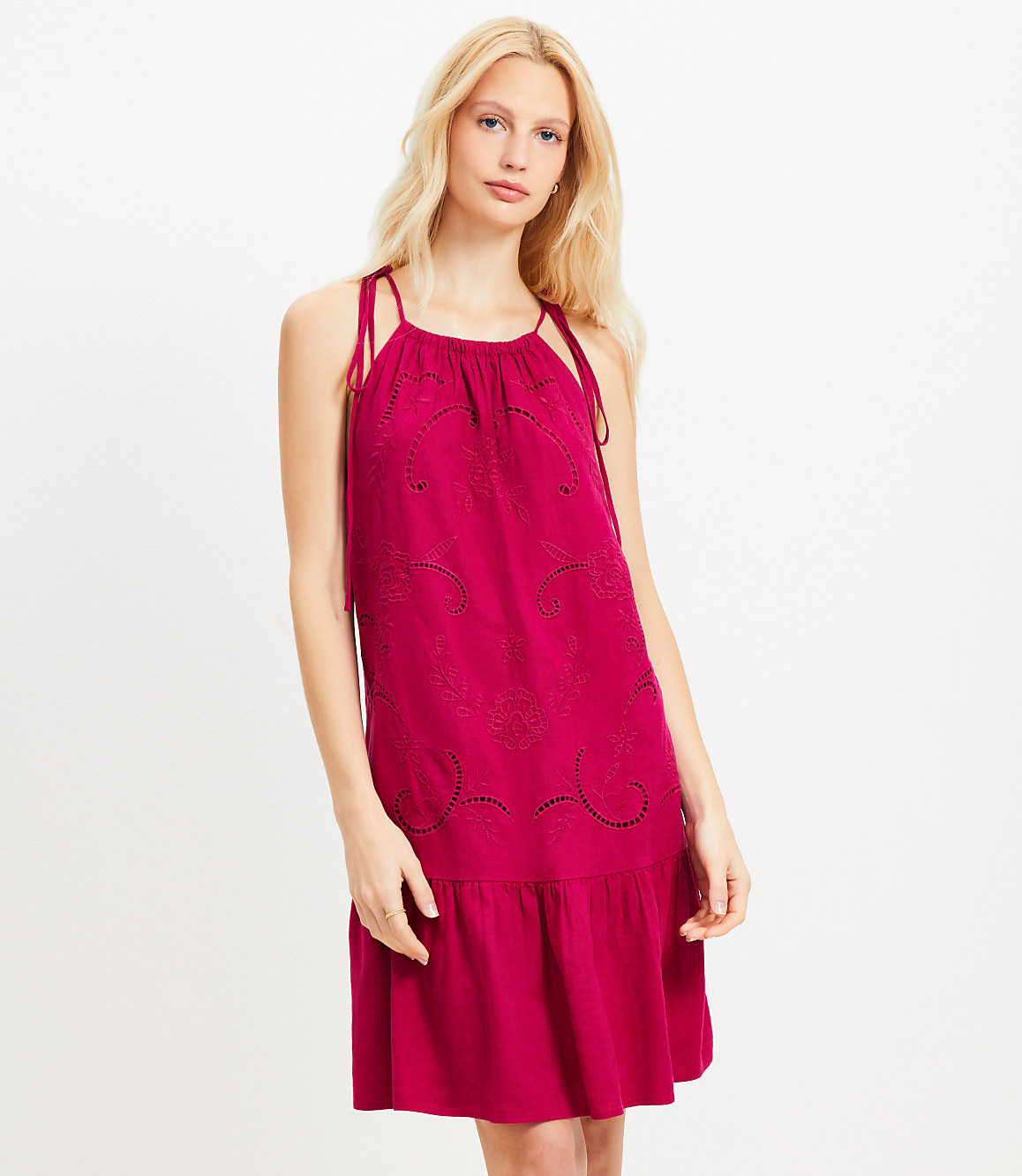 Tall Eyelet Linen Blend Mini Halter Dress